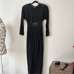 Vintage D’ore Sz4 80s/90s Black Silk Dress Beaded Sequined Formal